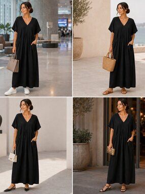VONDA Black 100% Cotton Kaftan Maxi Dress XL V-Neck Pockets Travel Coastal Casua